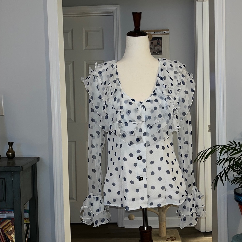 Vintage 80s Organza Polka Dot Ruffle Blouse White and Blue, Long-Sleeve Blouse
